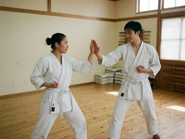 Dövüş sanatları salonunda karate çalışan iki öğrenci