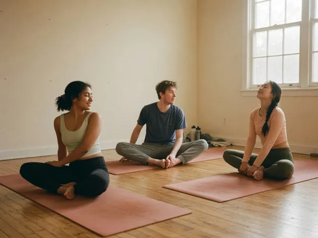 Yoga stüdyosunda matların üzerinde oturan üç öğrenci
